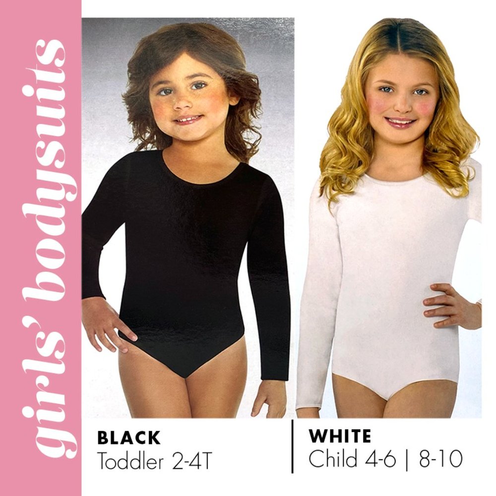 Girls Long Sleeved Bodysuits - Black or White